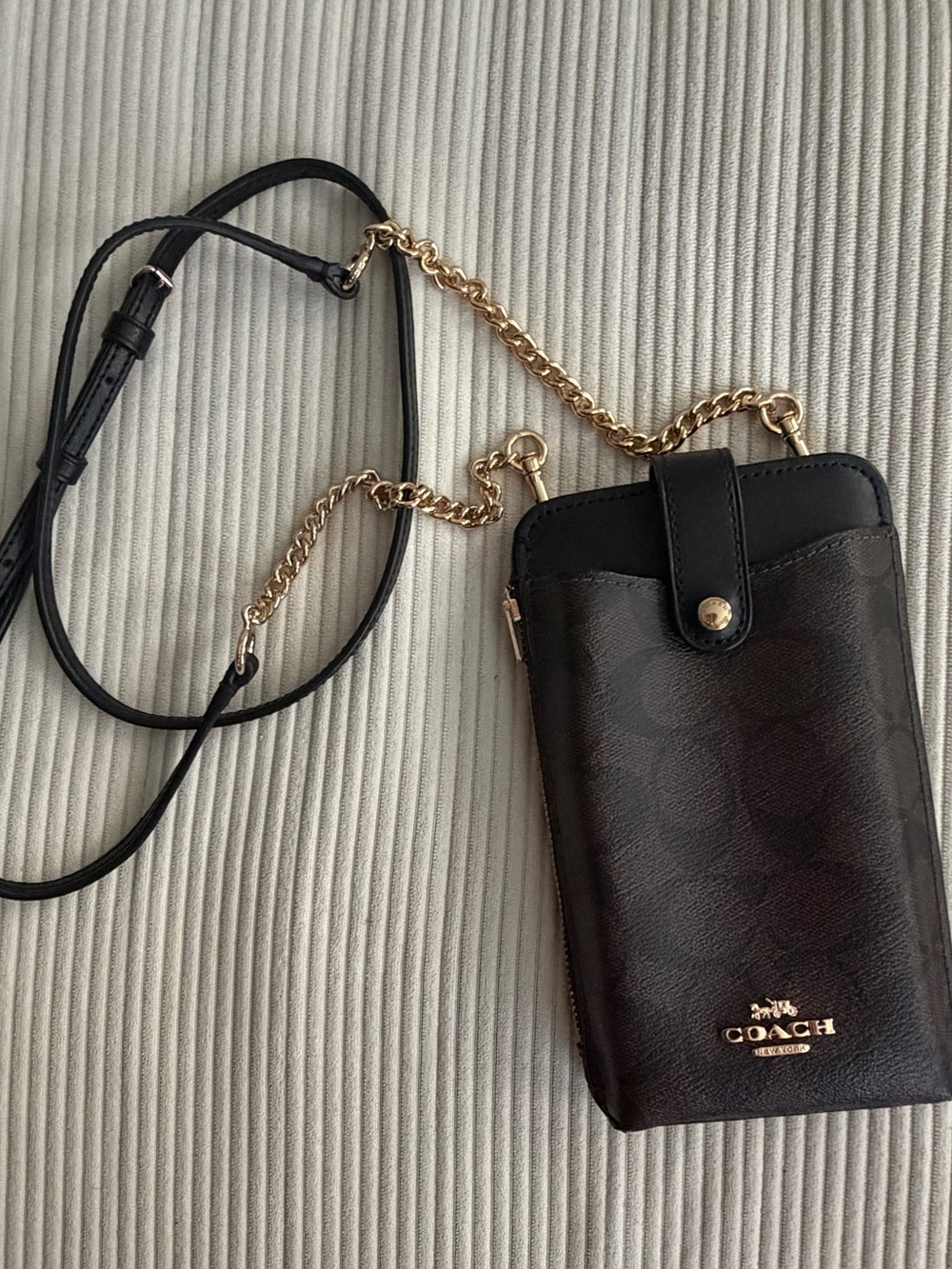 Coach Brown and Black Signature Crossbody Phone Bag with Gold Chain